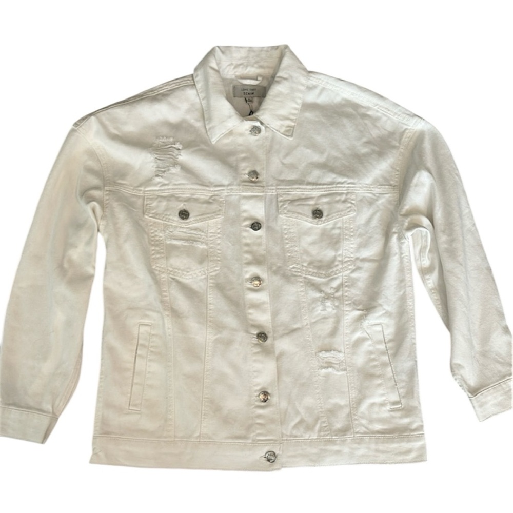 NWT Love Tree - Factory Distressed Oversized Denim Jacket Sz S Color White